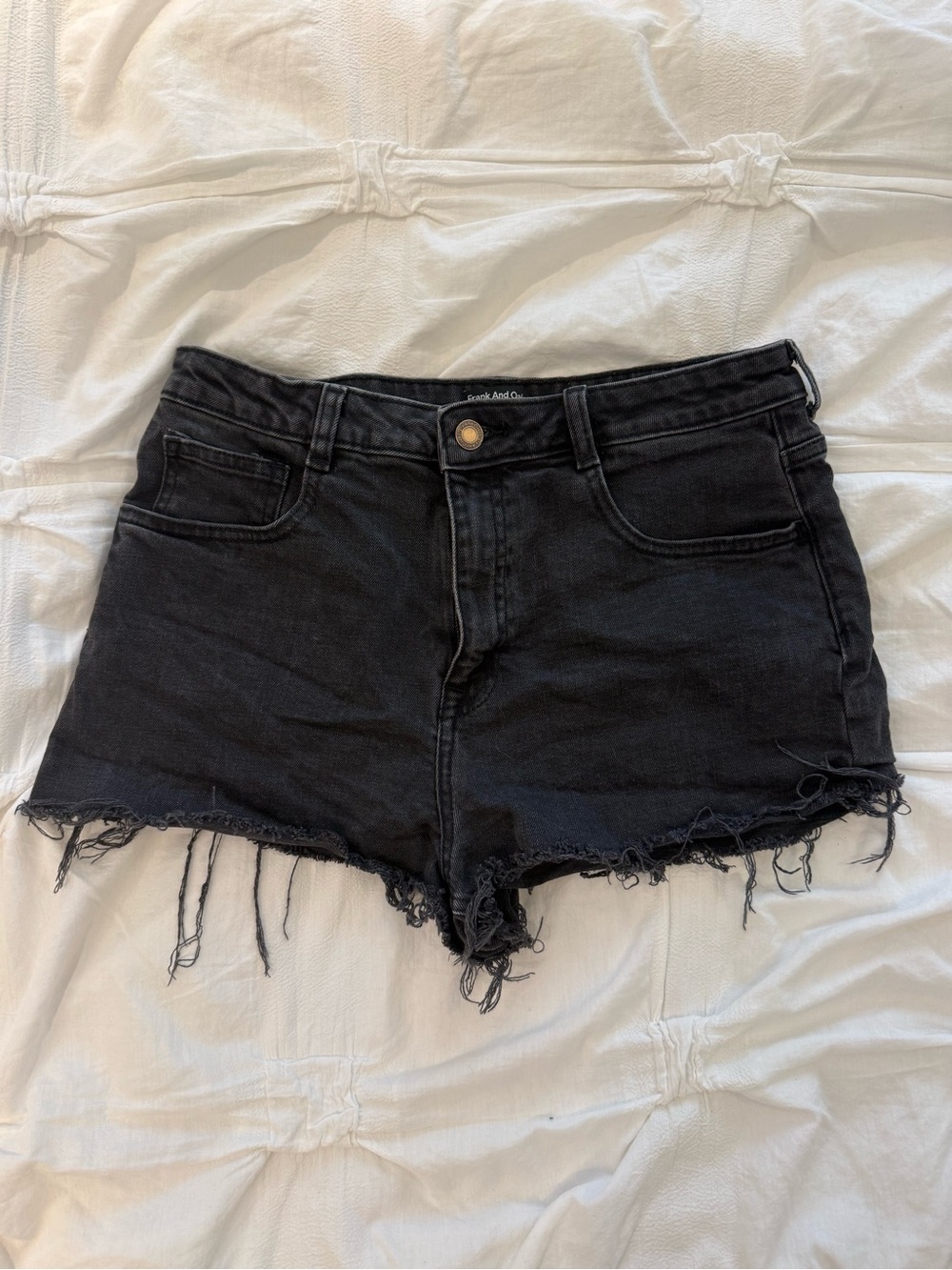 Frank & Oak Black High-Waist Frayed Denim Shorts